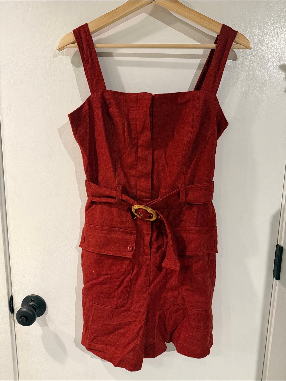 Belle Verne Linen Blend Rust Colored Romper with Utility Pockets